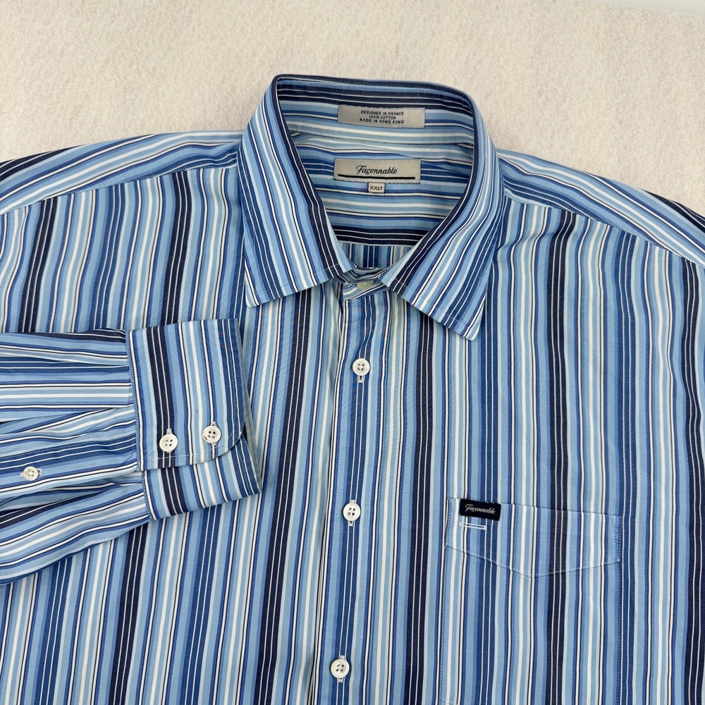 Faconnable Mens 2XLT Long Sleeve Button Down Blue Striped 100% Cotton Casual